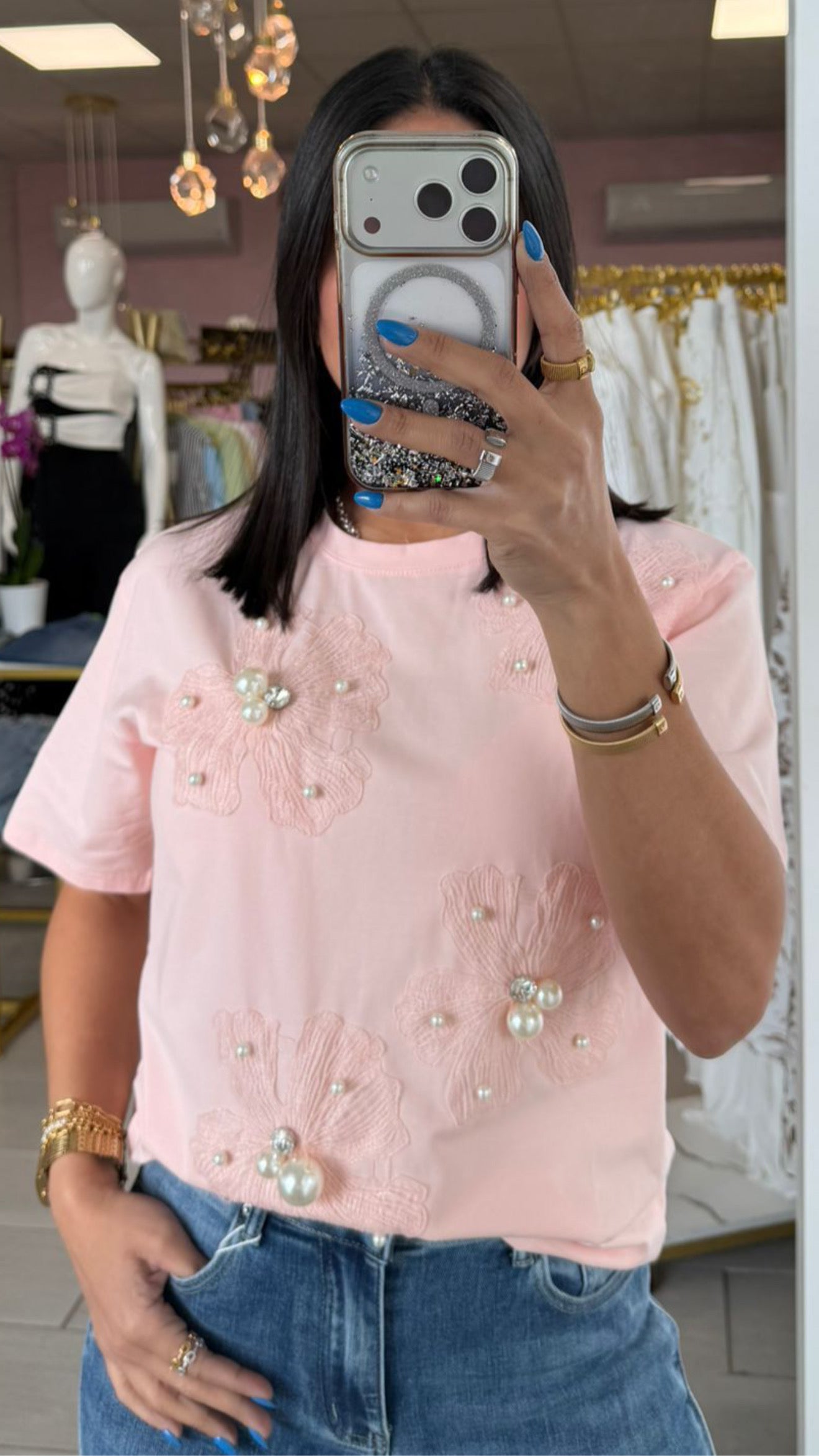 Soft Pink Pearl & Crystal Flower Shirt