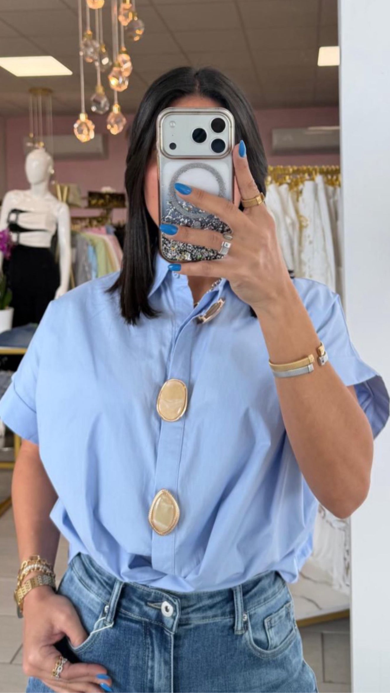 Baby Blue & Nácar Pendant Blouse
