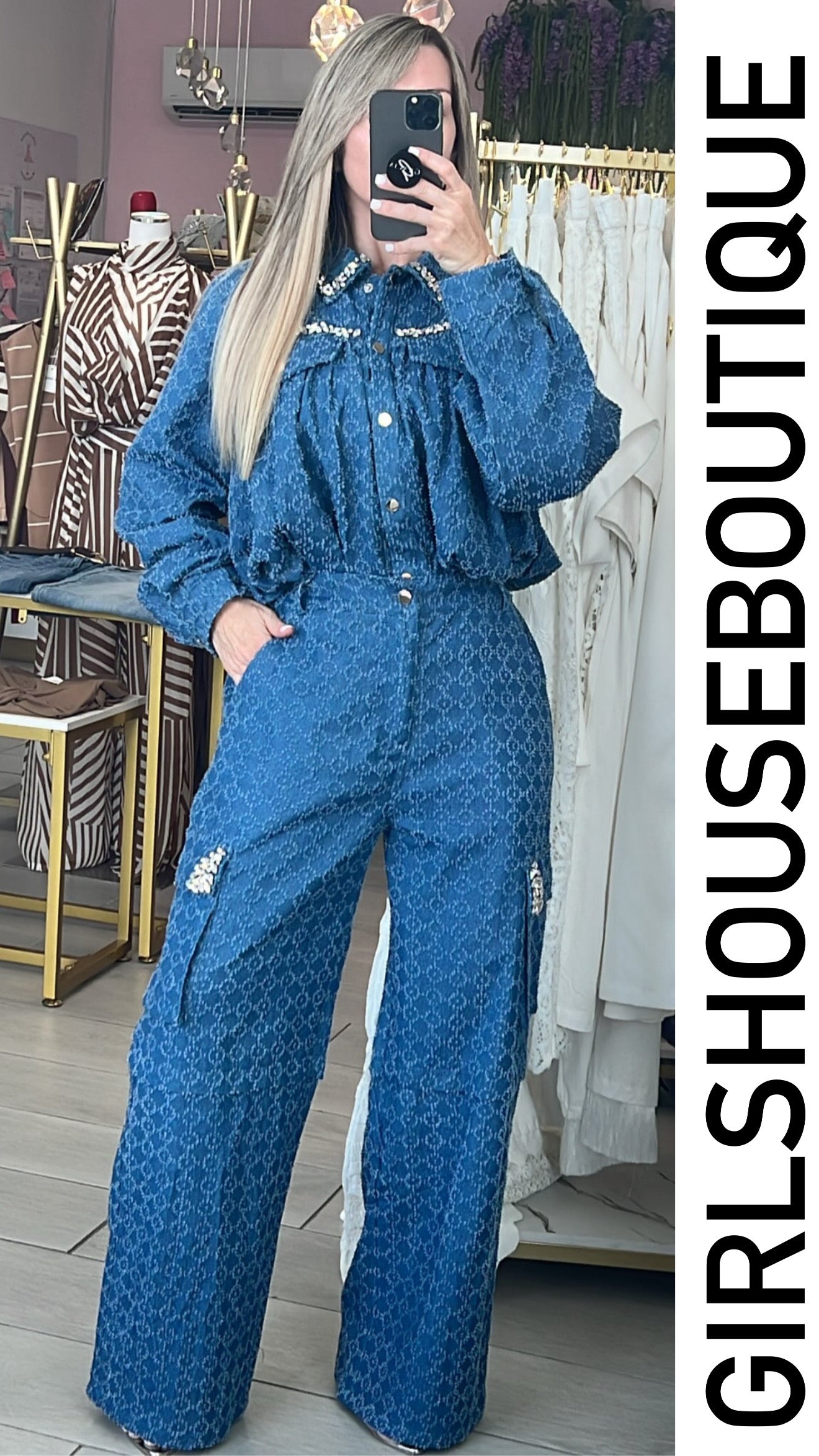 Denim Textured Crystal Design Jacket & Urban Pant