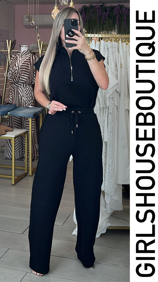 Black Luxe Zip-Up Top & Pant Set