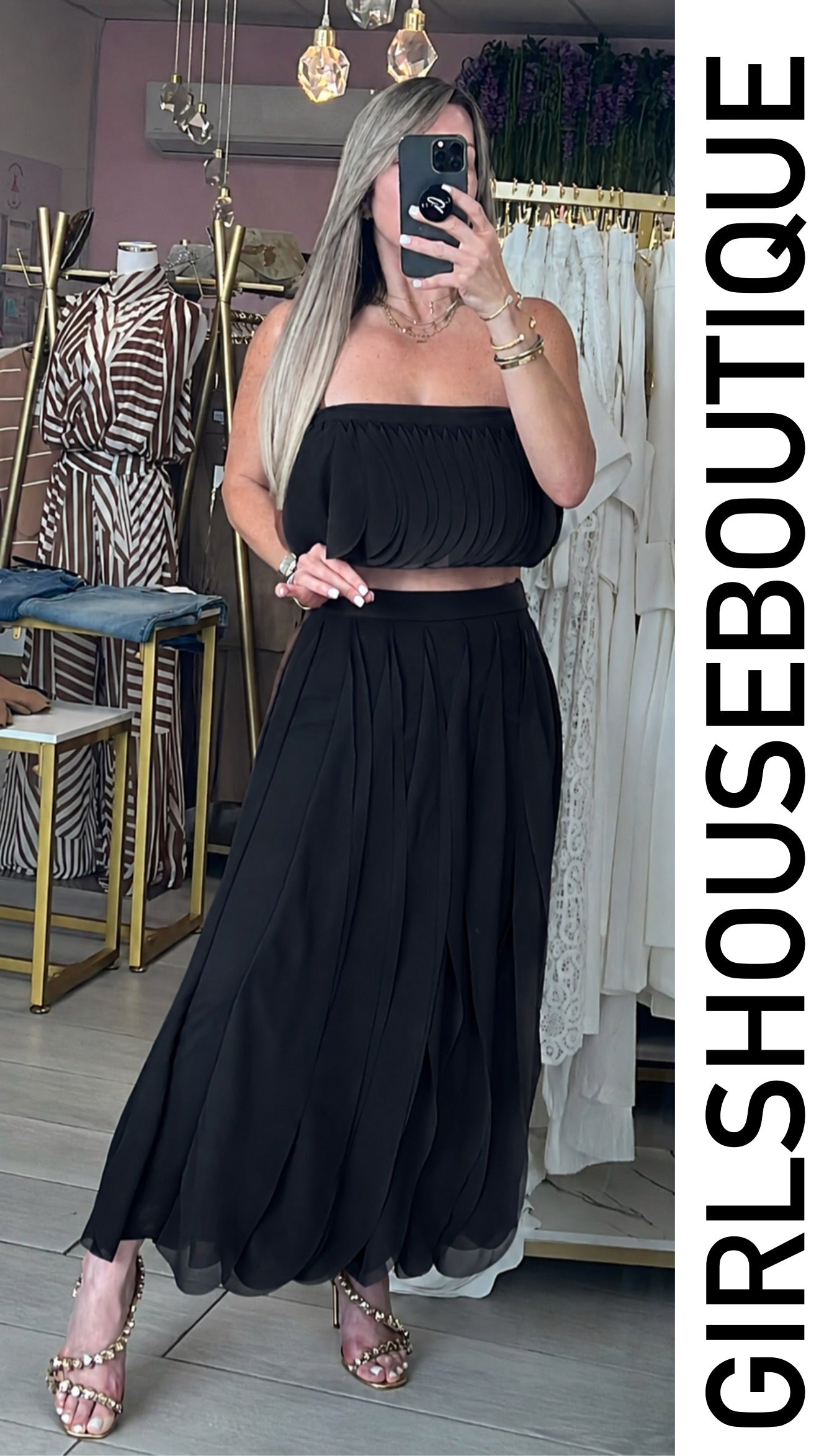 Noir Petal Crop Top & Skirt Set