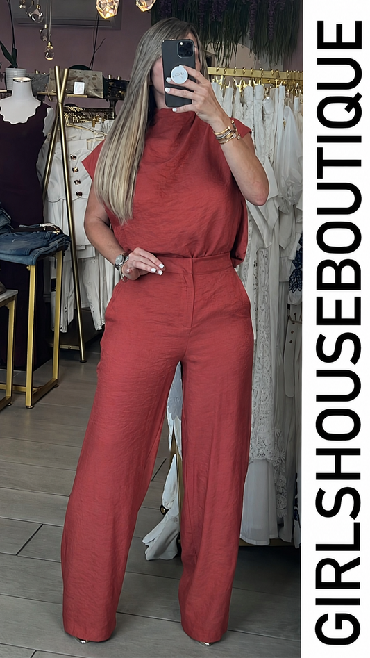 Rust Metallic Turtleneck Blouse & Elegance Pant Set