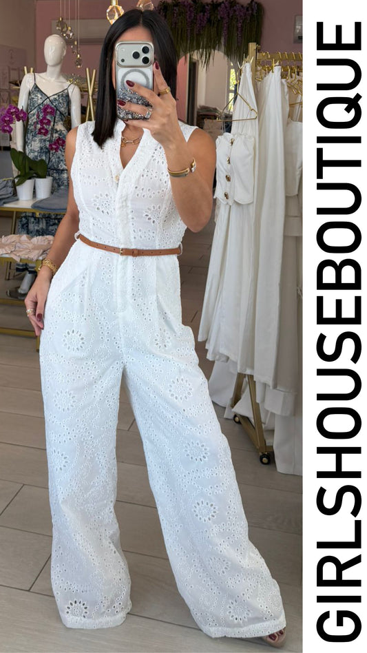 Zélya White Elegance Eyelet Jumpsuit