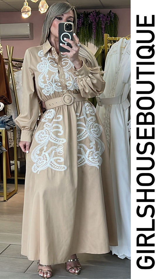 Fifth Ave Beige Embroidery Maxi Dress