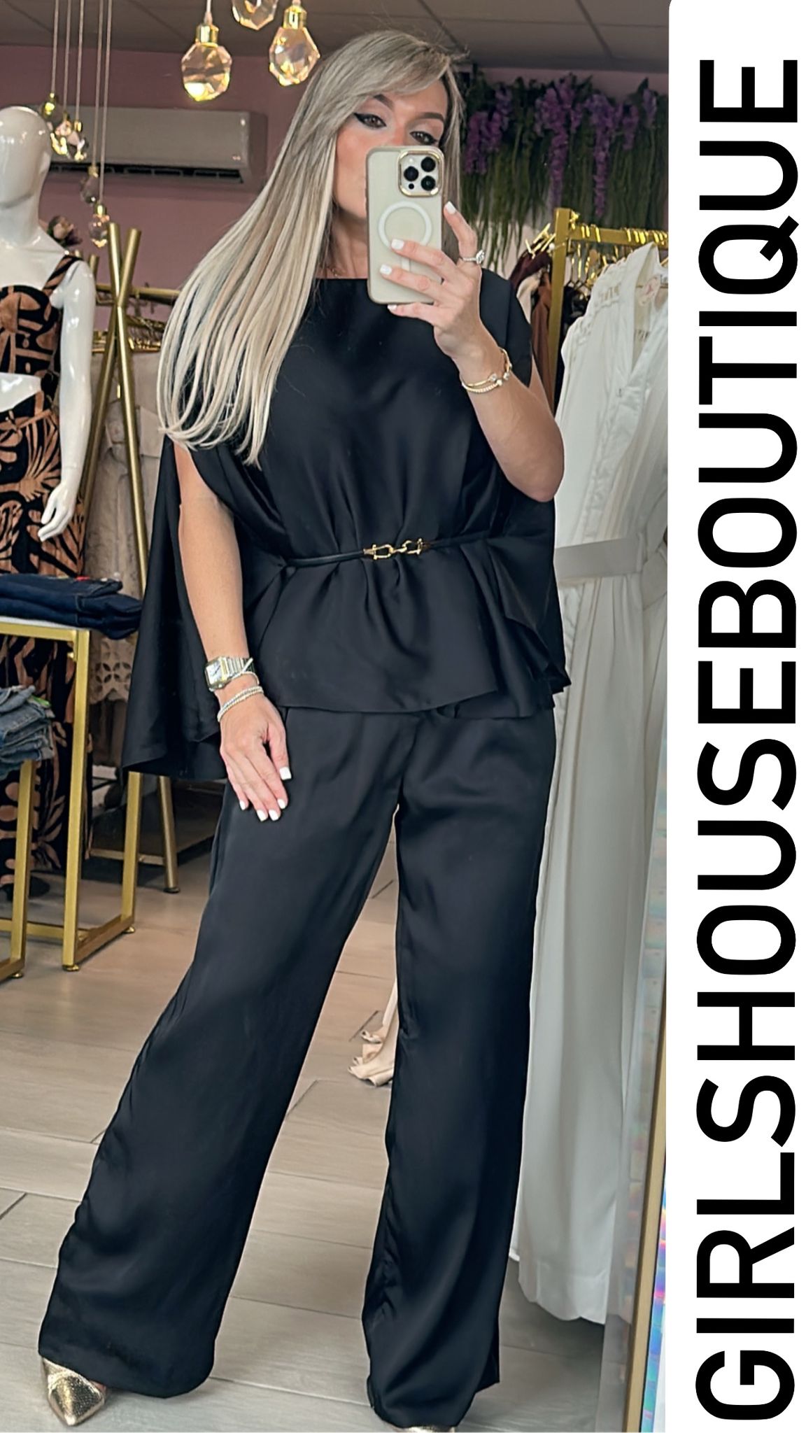 Sweet Dark Black Satin Blouse  & Pant Set