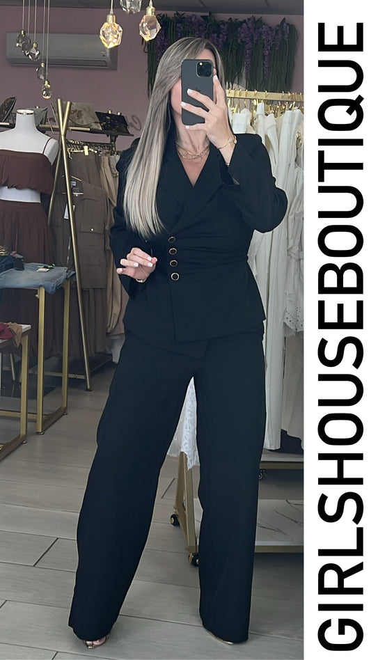 Mariella Black Blazer Pleated Design & Pant Set
