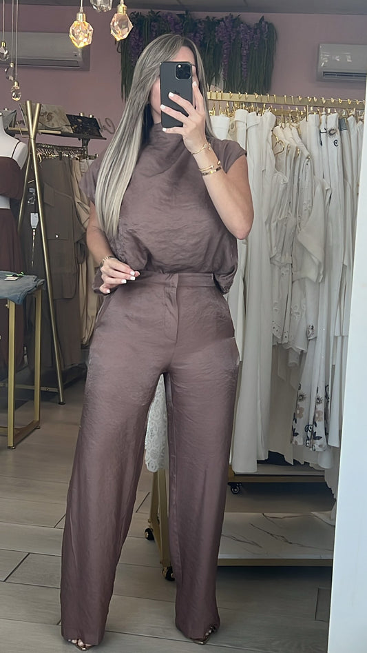 Mocha Metallic Turtleneck Blouse & Elegance Pant Set