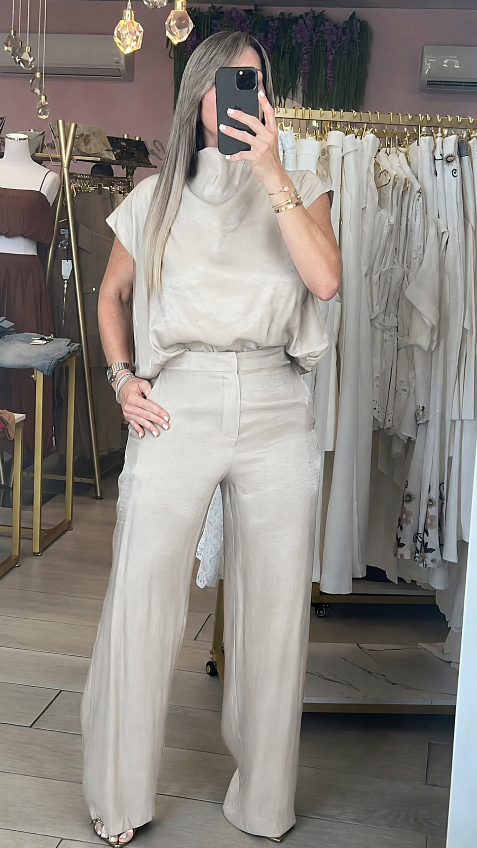 Champagne Metallic Turtleneck Blouse & Elegance Pant Set