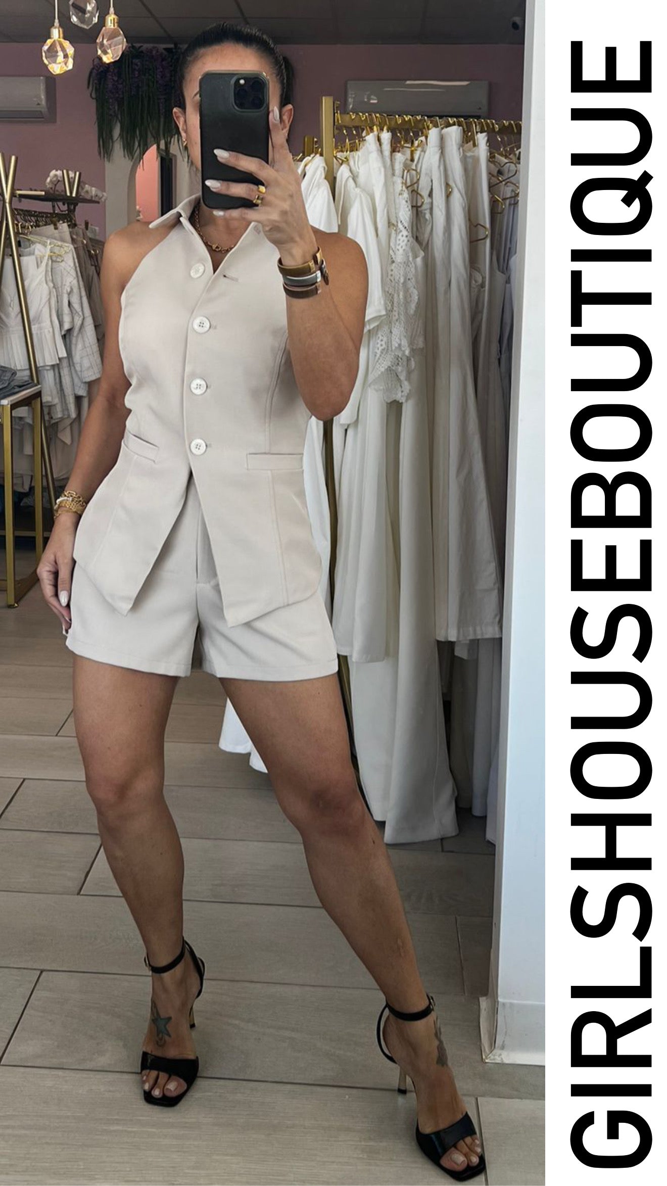 Natural Buttons Vest & Short Set