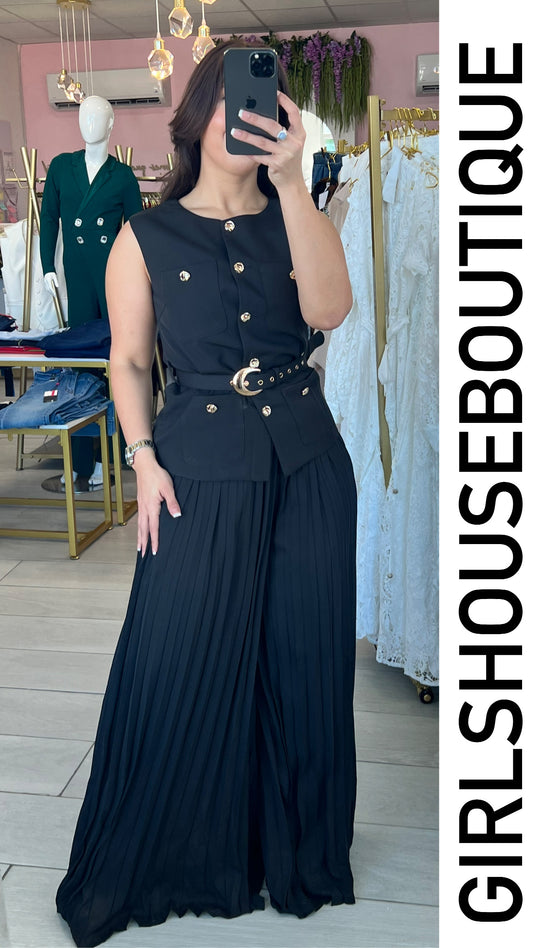 Elenna Black Glam Vest & Pleated Pant Set