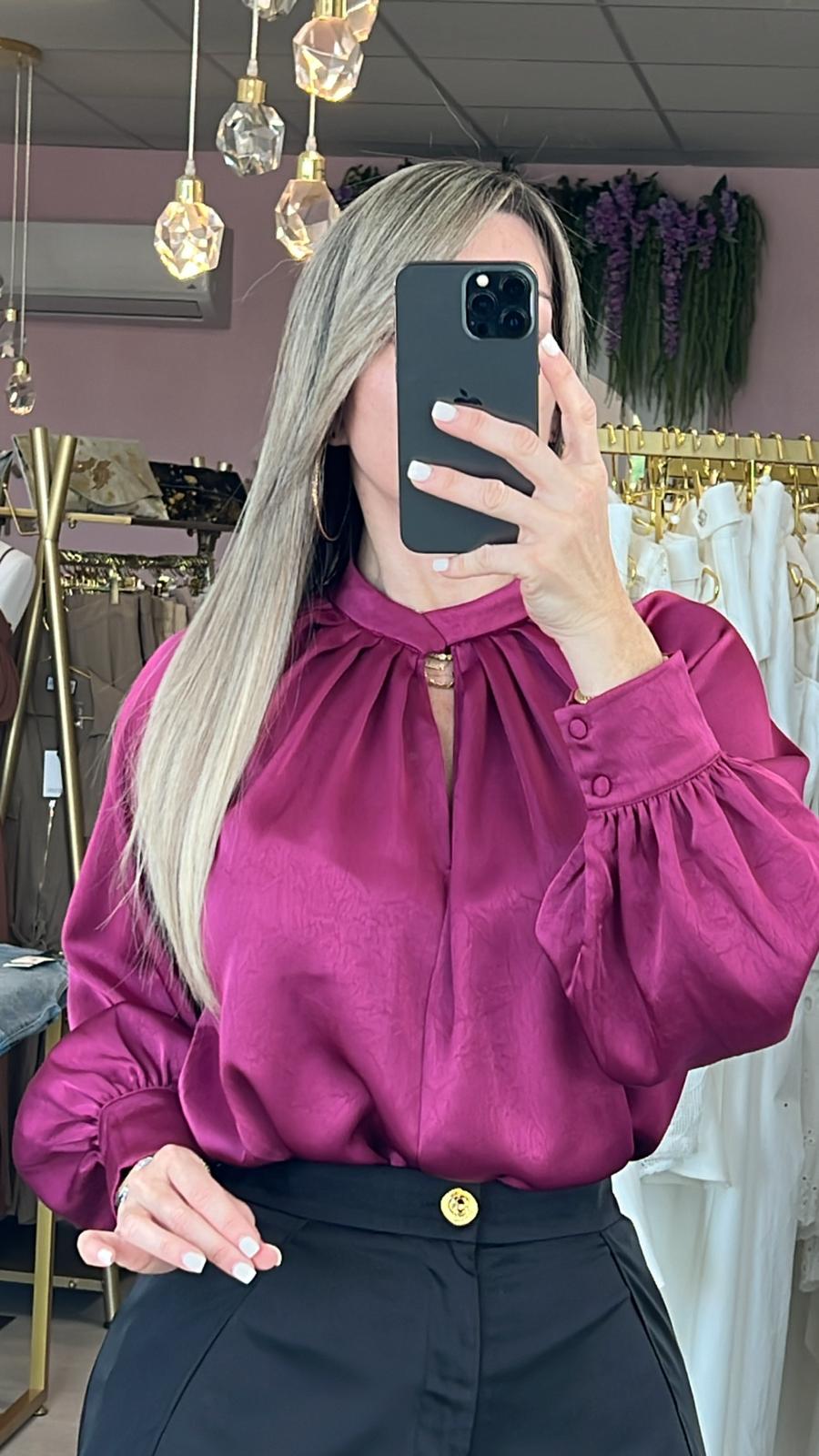 Magenta High Neck Pleated Textured Satin Blouse