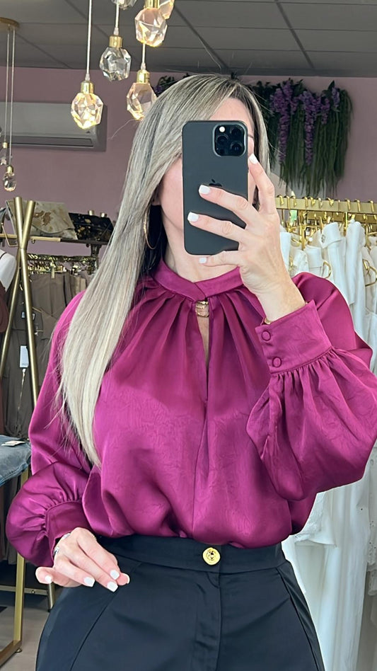 Magenta High Neck Pleated Textured Satin Blouse