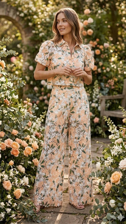 Peach Blossom Elegance Lace Pant Set