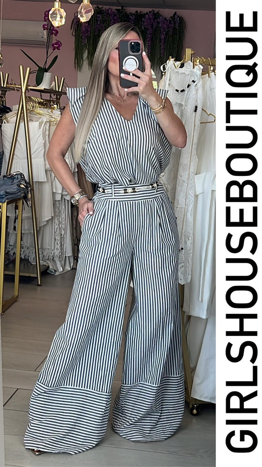 Alanna CharcoGrey & White Stripe Blouse & Pant Set