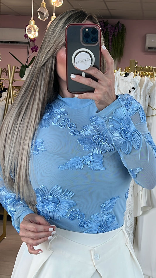 Ice Blue Mesh Long Sleeve Top