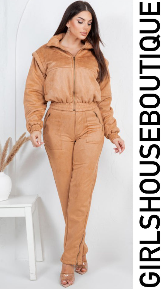 Camel Suede Jacket Zip-Up & Pant Set