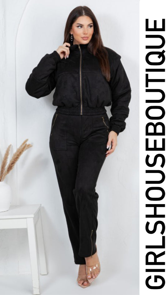 Black Suede Jacket Zip-Up & Pant Set