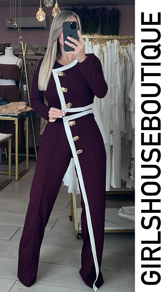 Wine Gold Buttons Vest & Asymetric Pant Set