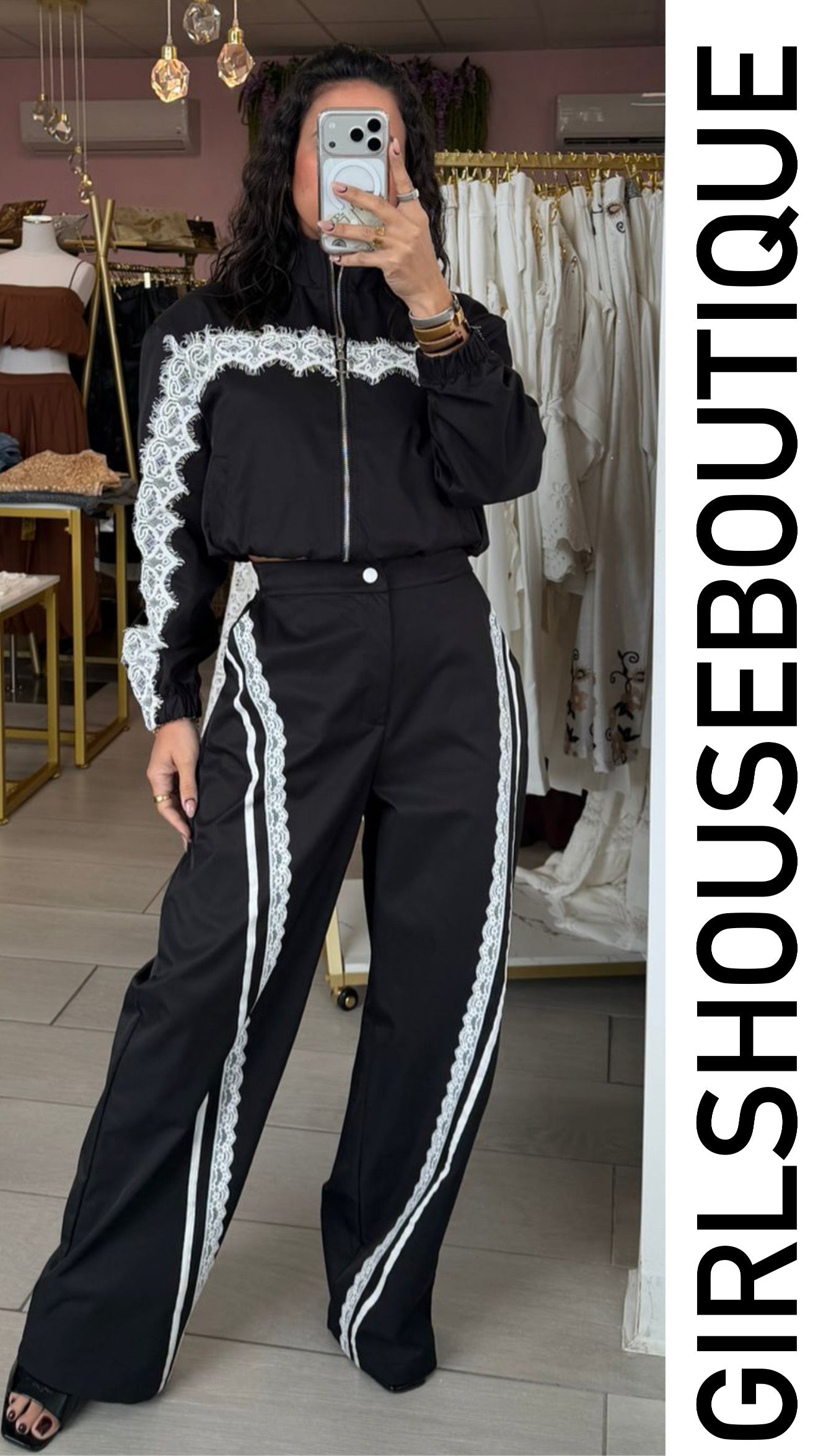 Black Lace Design Jacket Zip-Up & Elegance Pant Set