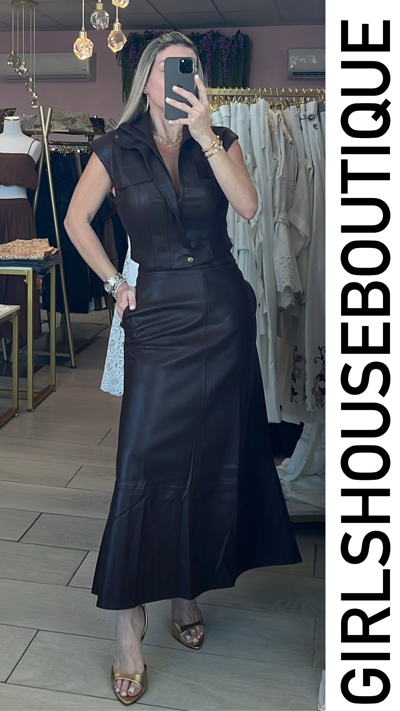 Dark Choco Leather Vest Zip-up & Skirt Set