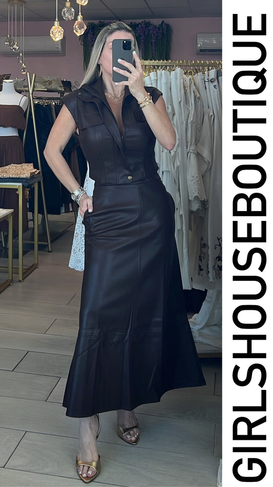 Dark Choco Leather Vest Zip-up & Skirt Set