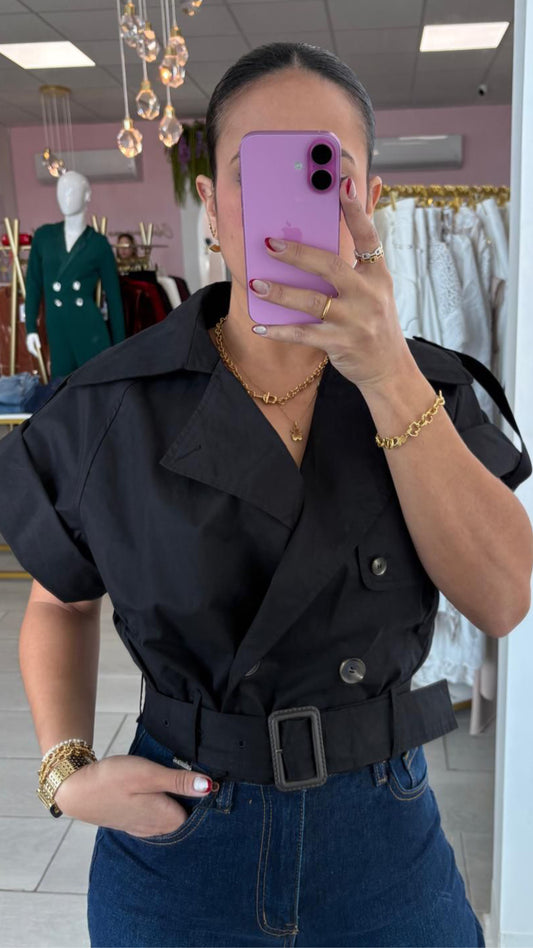 Black & Buttons Belt Top