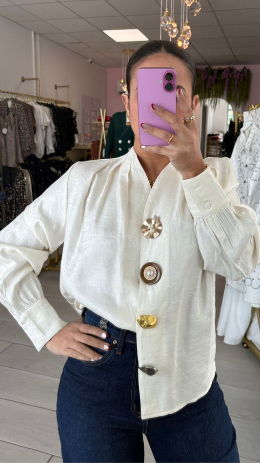 White Pearl Long Sleeve & Gold Buttons Blouse