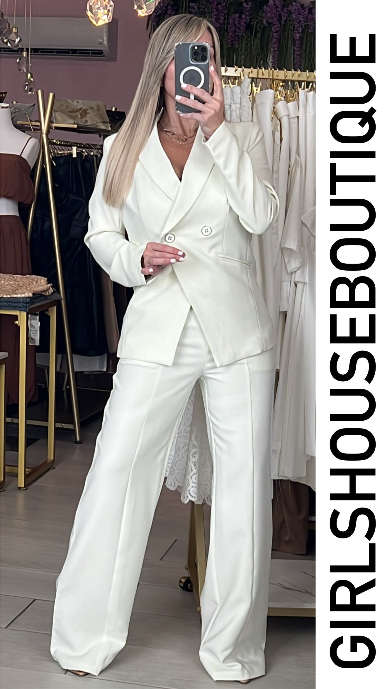Bone White Front Buttons Design Blazer & Pant Set (OVI COLLECTION)