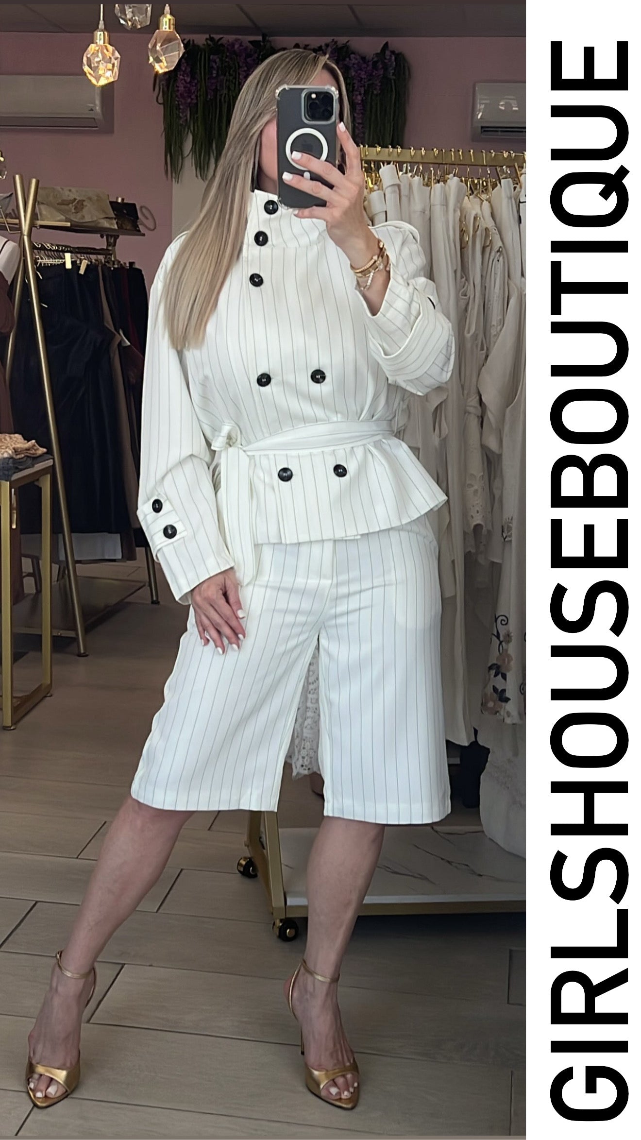 White Parisian Turtleneck Jacket & Bermuda Pants