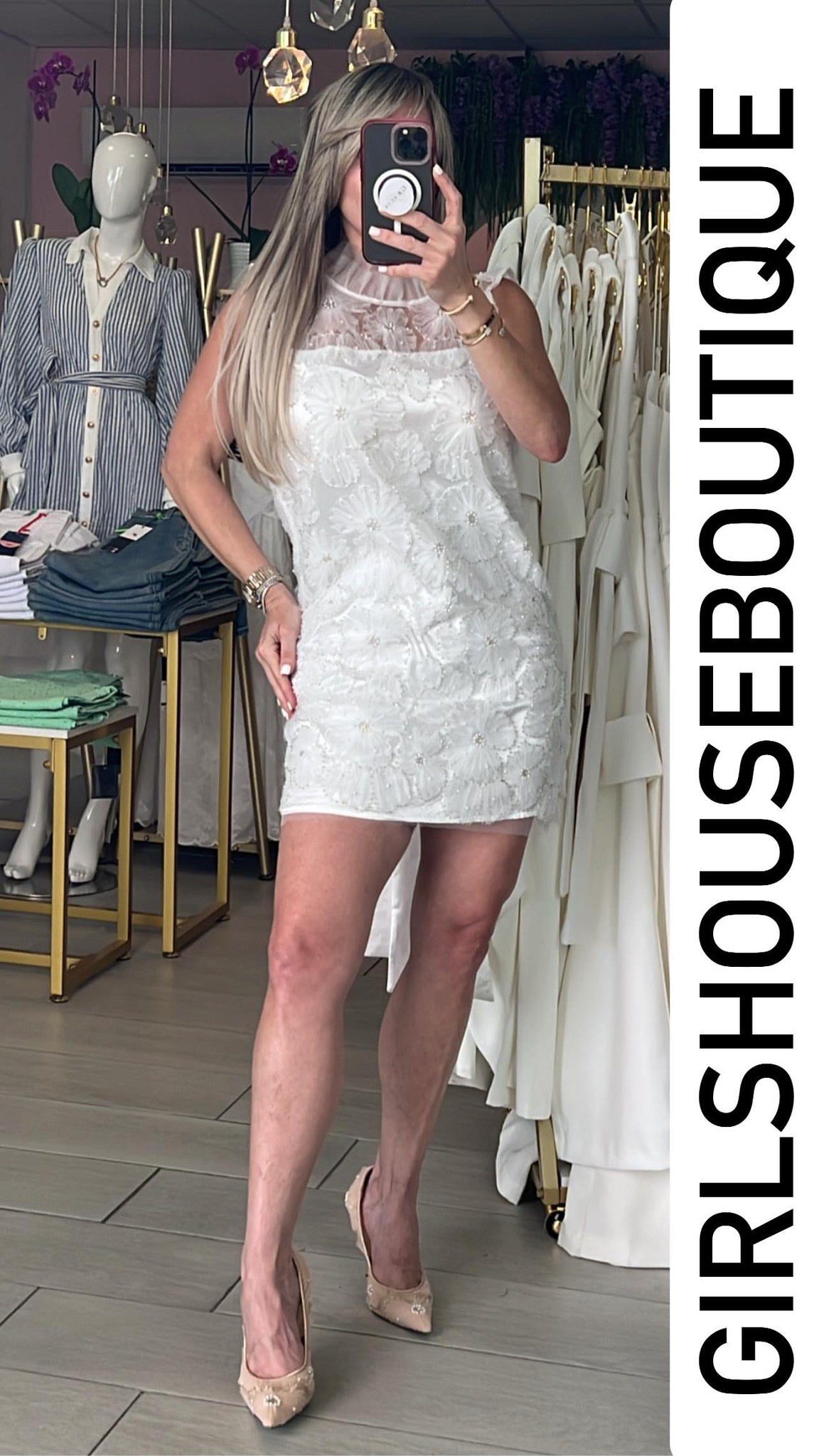 White Mesh Flowers & Back Bow Dress