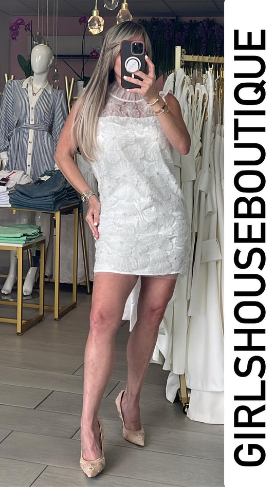 White Mesh Flowers & Back Bow Dress