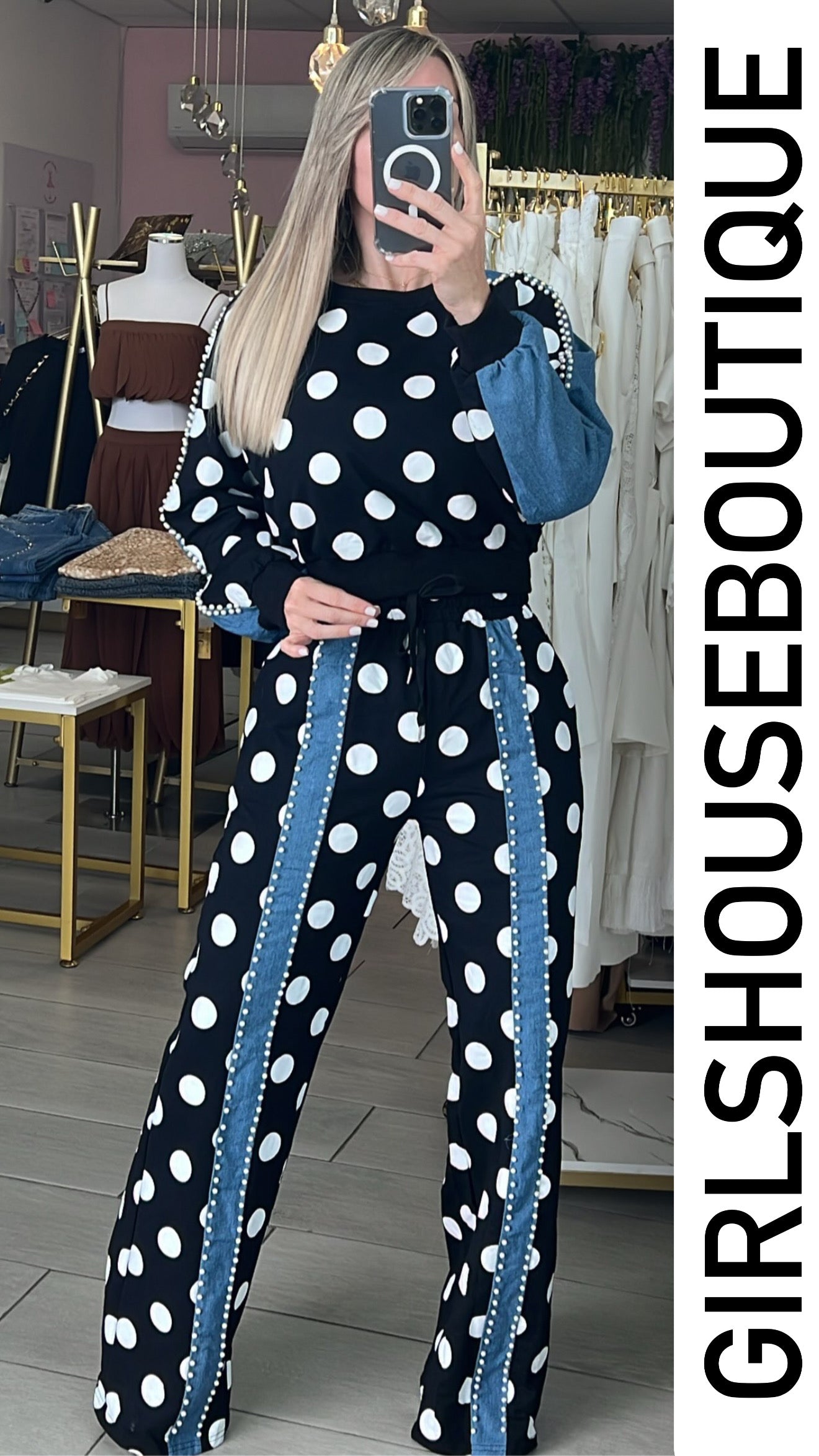 Black/Denim Pearl Design Polka Dots Travel Set