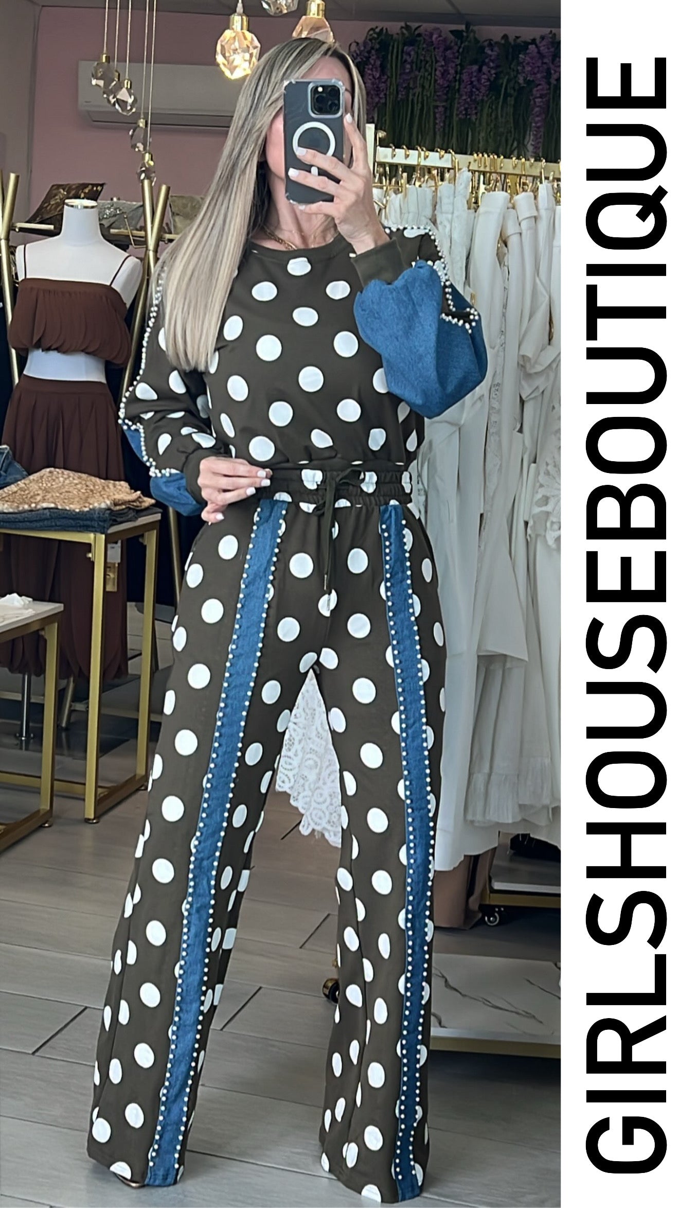 Olive/Pearl Denim Design Polka Dots Travel Set