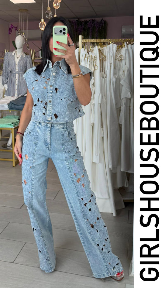 Flower Denim Lace Top & Pant Set