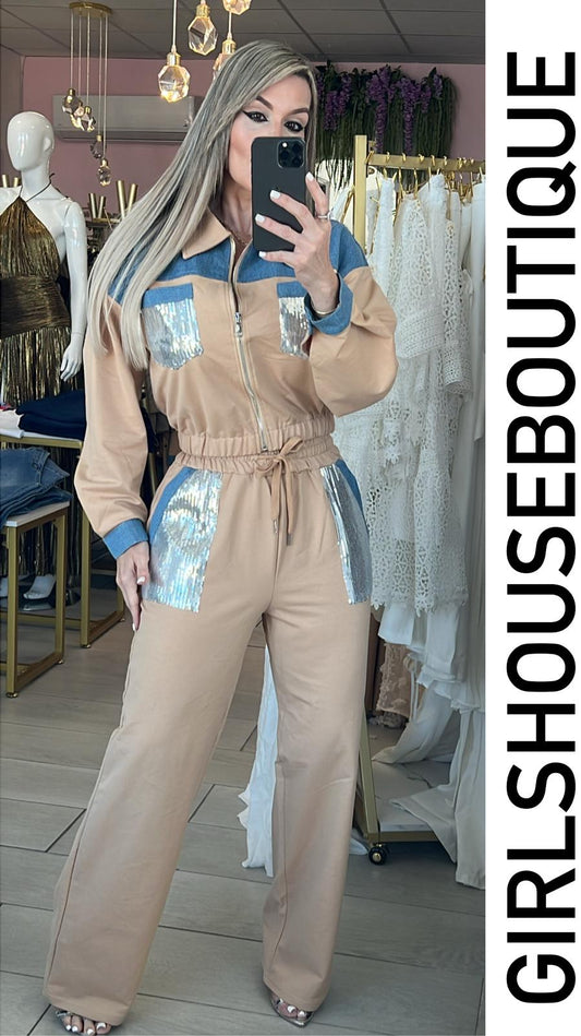 Beige Sequin Pocket Travel Set