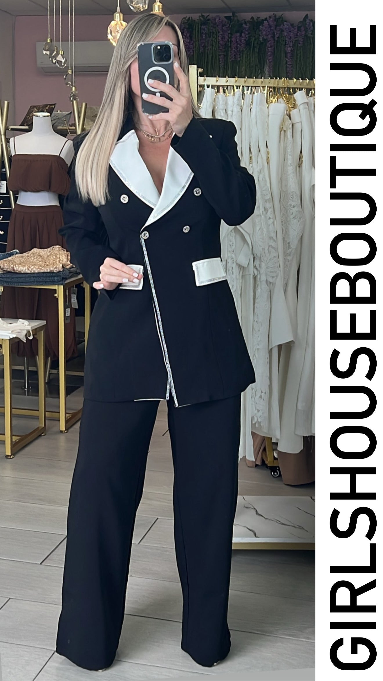 Long Black&White Blazer & Crystal Front Buttons / Pant Set
