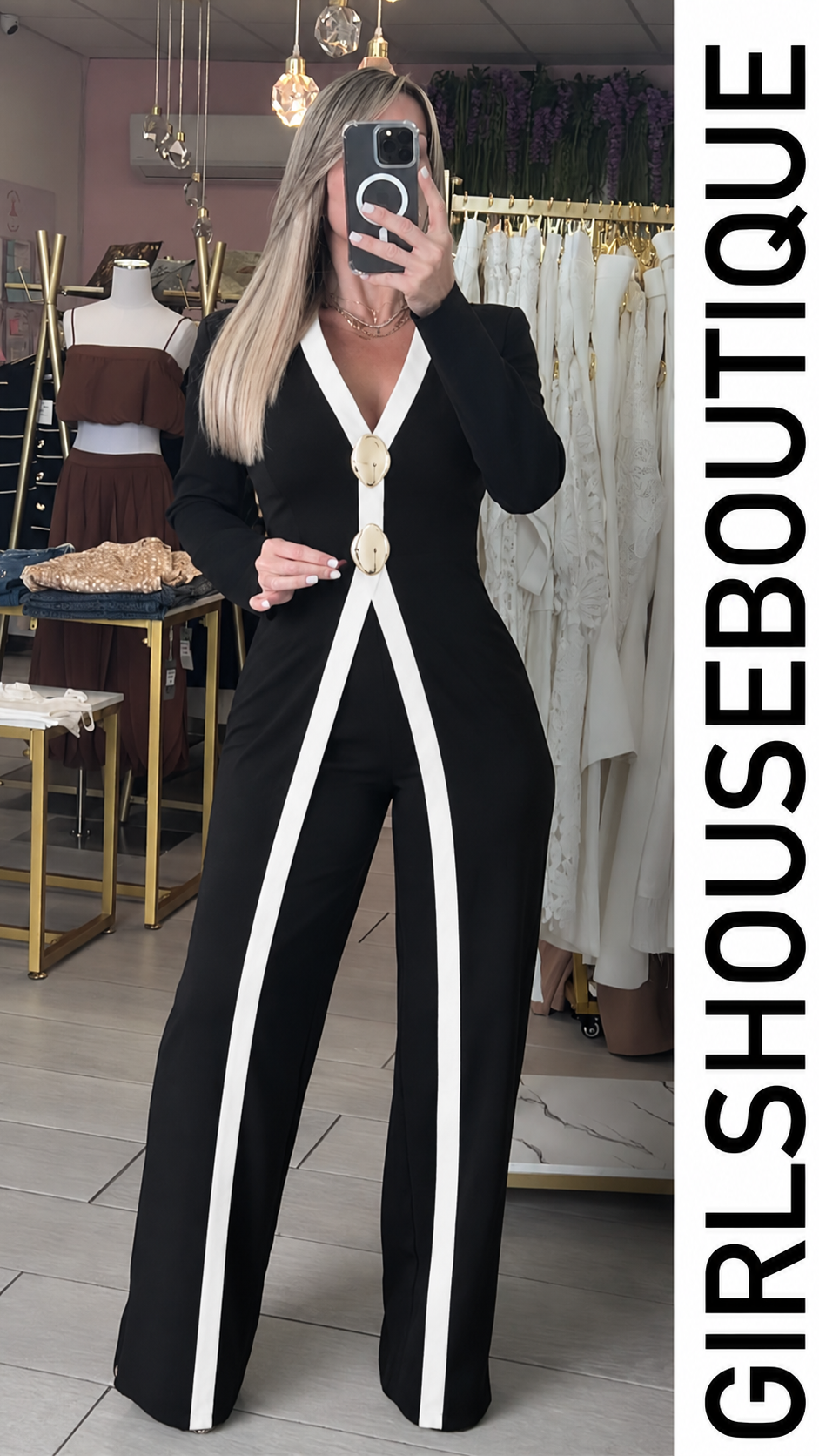 Black&White Tuxedo Design Elegance Strech Jumpsuit