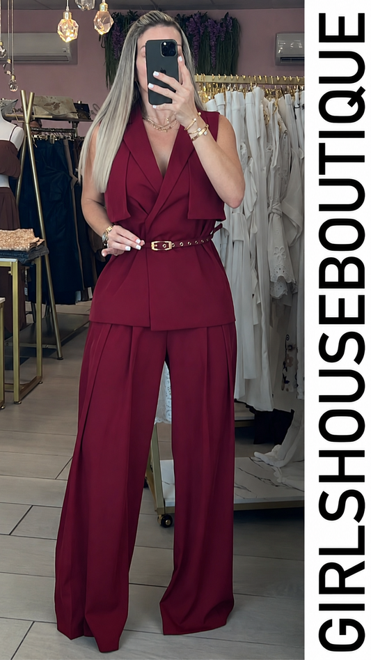Merlot Elegance Vest & Palazzo Pant Set (Included Belt)