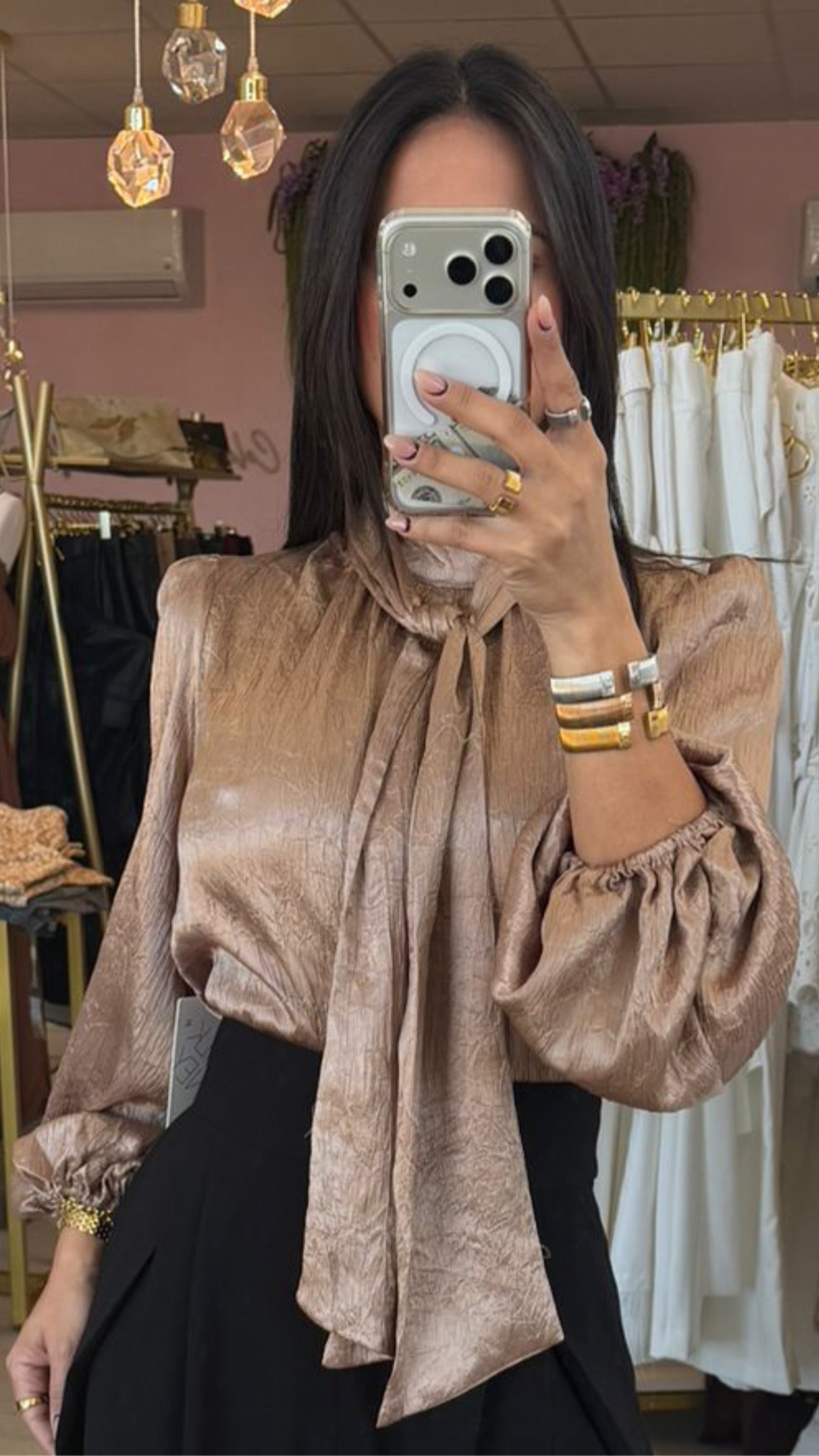 Mocha Satin Textured Elegance Blouse