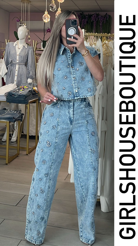 Bright Crystal Flower Top & Pant Set