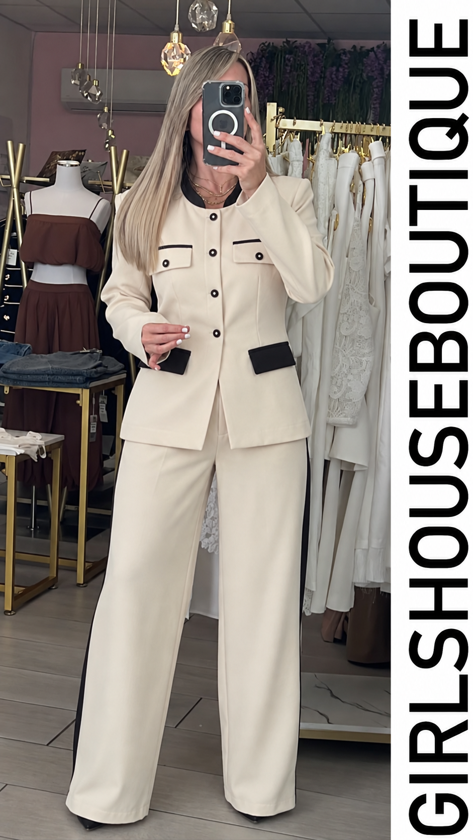 Soft Ivory/Black Gold Front Buttons Luxe Blazer & Pant Set