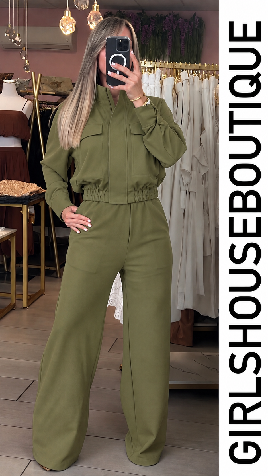 Olive Glam Zip -Up Jacket & Strech Pant Set