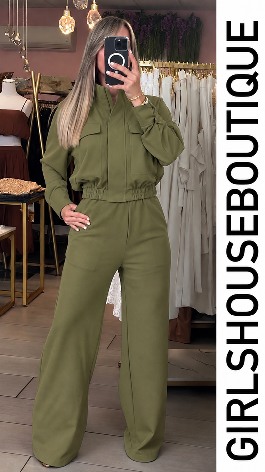 Olive Glam Zip -Up Jacket & Strech Pant Set