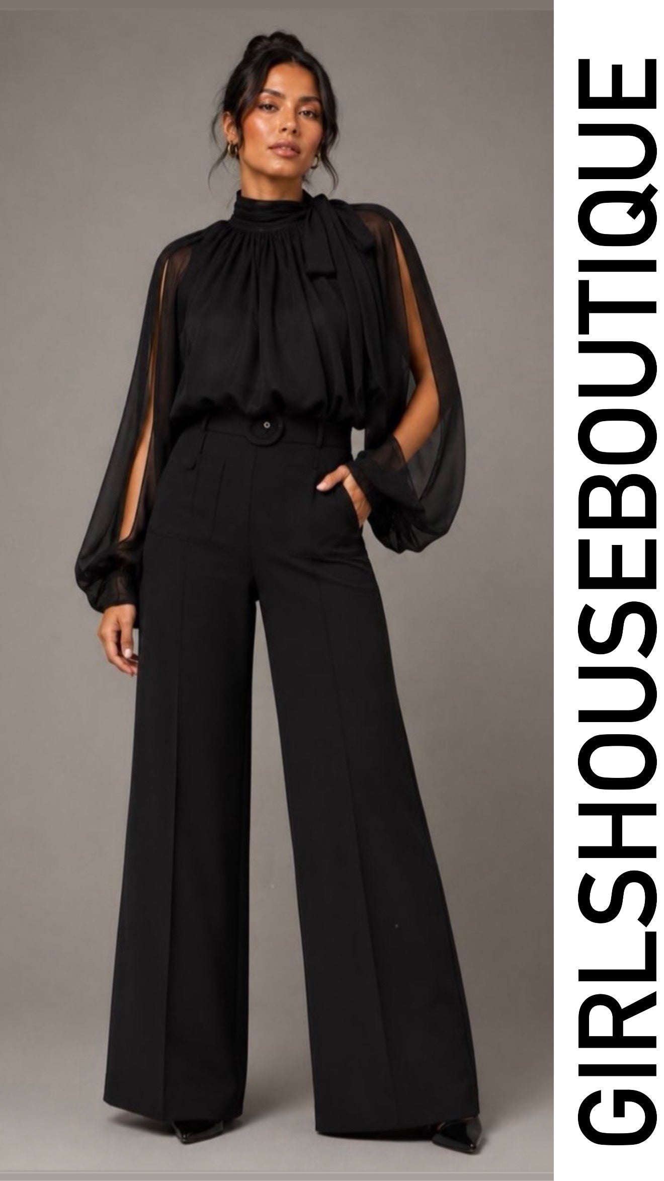 Dark Black Long Sleeve Blouse & Elegance Palazzo Set