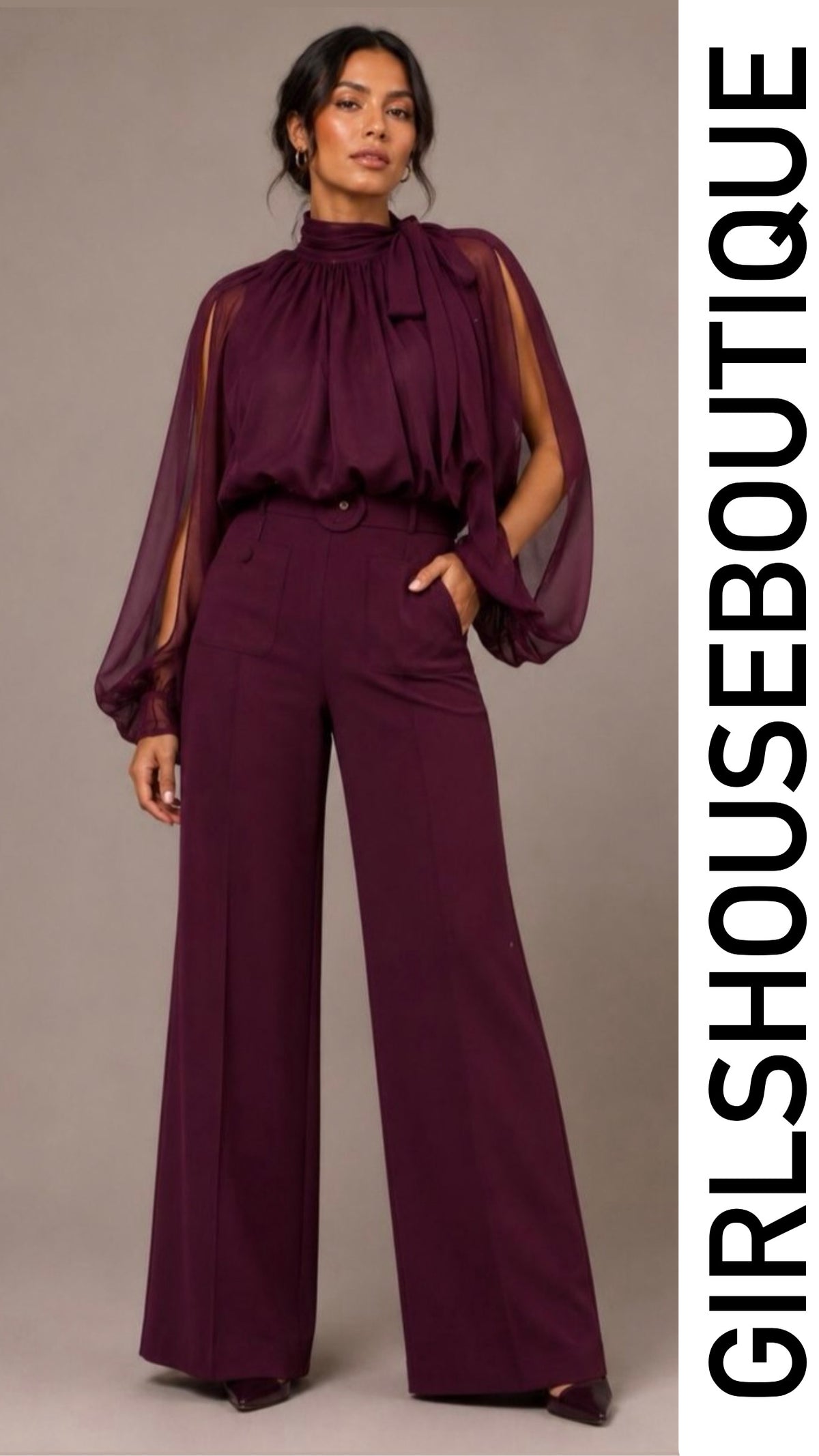 Burgundy Long Sleeve Blouse & Elegance Palazzo Set