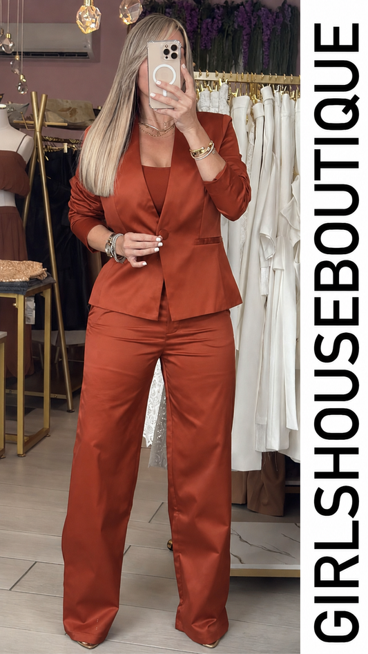 Rust Satin Classic Blazer & Pant Set