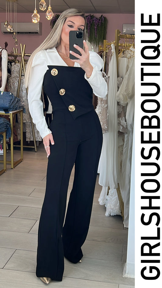 Samantha Puff Sleeve White and Black Jumpsuit