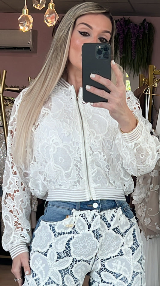 White Lace Zip Up Jacket