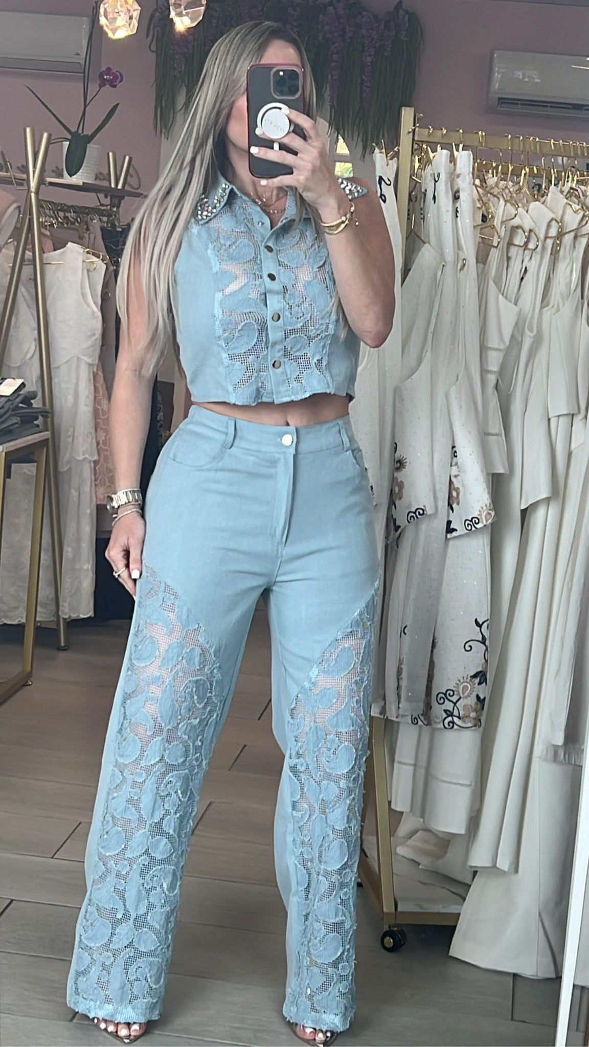 Lace Light Denim Vest & Pant Set