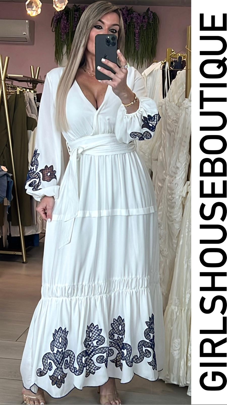 White and Navy Embroiled Details Maxi Dress